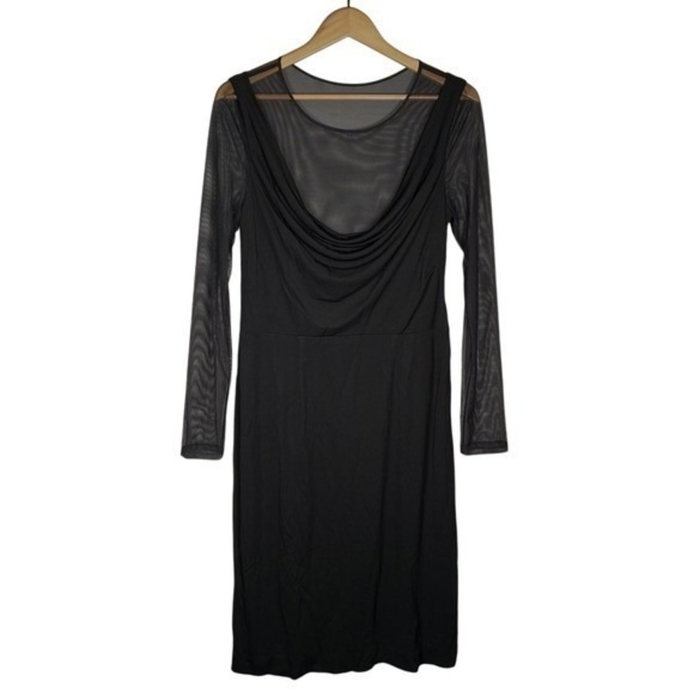 Vera Wang Black Sheer Mesh Long Sleeve Dress Draped Neck Open Back Size‎ 12